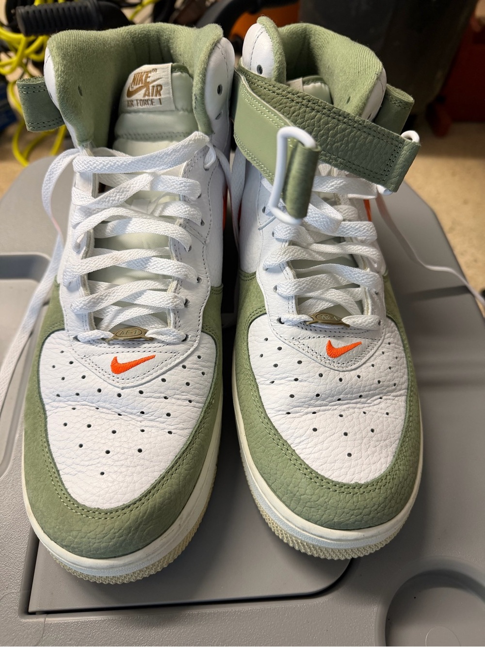Nike Air Force 1 Mid — White, Olive & Orange Accent